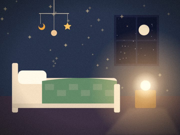 Illustration of a child's bedroom at night with a star night-light, a moon mobile and a quilted bed.
